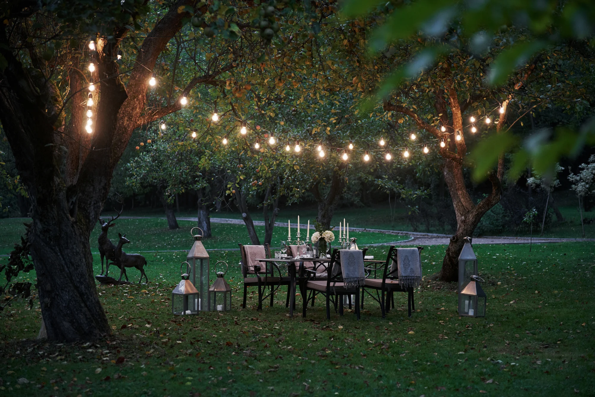 Mesa al aire libre bajo luces decorativas